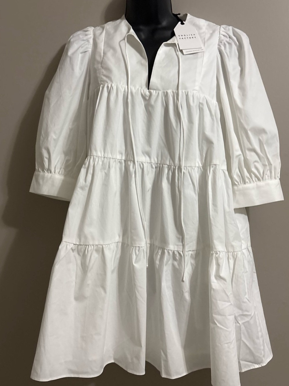 English Factory White Tiered Poplin Puff-Sleeve Dress